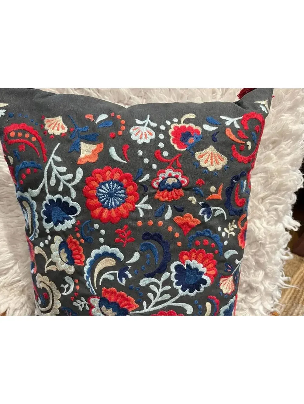 16x26” Gray pink blue boho folk embroidered tassels rectangle down throw pillow